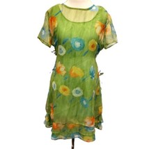 Vintage 90s Lime Green Chiffon Watercolor Floral Dress Layered Sz M Medium - £37.22 GBP