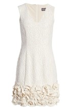 Donna Ricco Rose Jacquard Sleeveless Sheath Dress Cream Size 10 Ruffles Zipper - £59.78 GBP