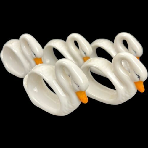 Primary image for 5 White Porcelain Ceramic Swan Napkin Ring Holders Orange Beak Curved Neck