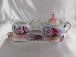 Small White and Pink Sugar Bowl and Creamer Set with Tray # 23060 - $26.72