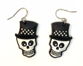 Skeleton Skull in Checkered Top Hat  B&amp;W Dangle Earrings Spooky Halloween Goth - £7.99 GBP