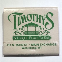 Timothy’s Restaurant Bar West Bend Wisconsin Match Book Cover Matchbox - £3.86 GBP