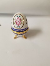 Vintage Egg Trinket Box Porcelain Blue Stripe Footed Gold Accents 4&quot; - $9.49