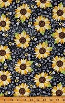 Cotton Bumble Bees Insects Bugs Sunflowers Black Fabric Print by Yard D384.48 - $15.95