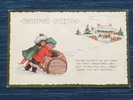 688A~ Vintage Postcard Christmas Greeting Girl Child Candy Barrel House ... - £3.92 GBP