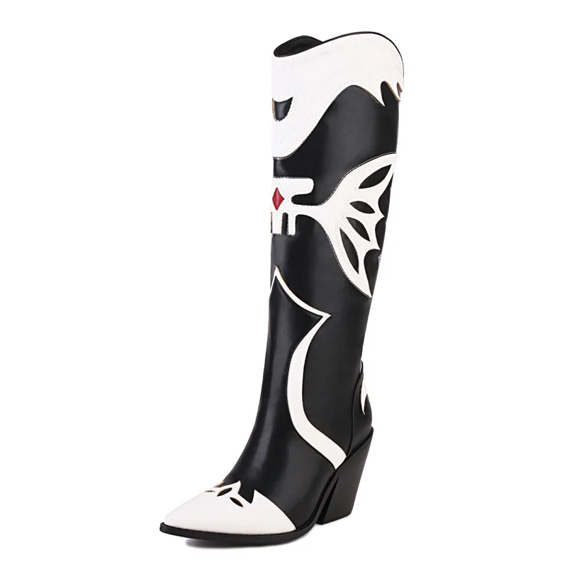 Pointy Toe Western boy Boots Slip On Embroider Ladies Knee High Boots Leather Ru - $283.08