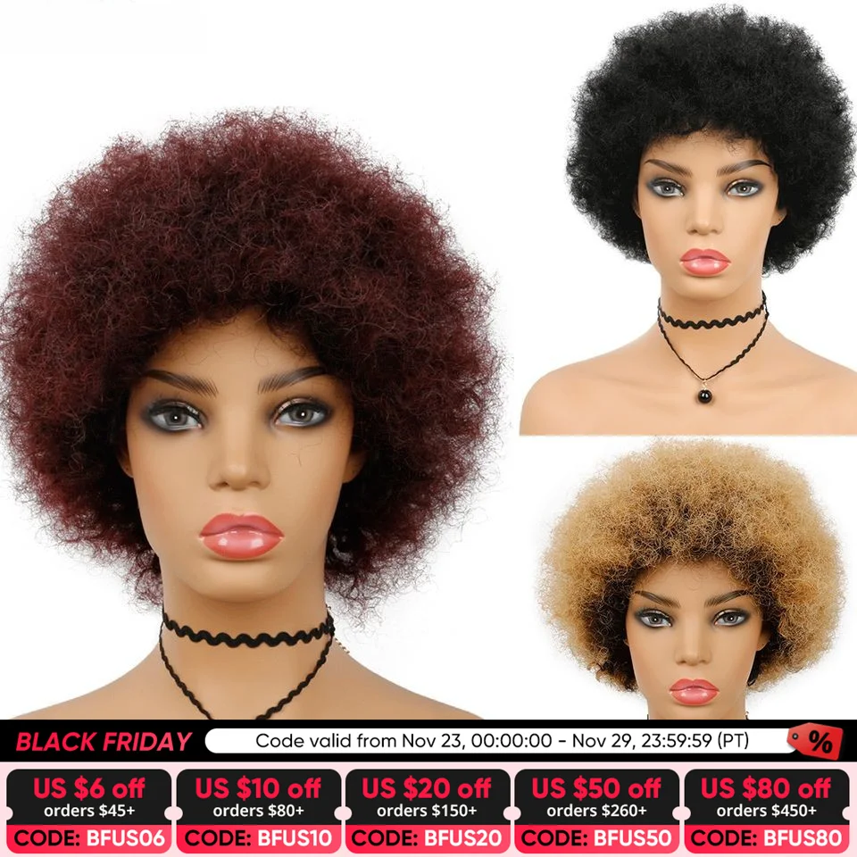 Afro Kinky Curly Wig Human Hair With Bang Brazilian Short Kinky Curly Afro Wigs - £35.14 GBP+