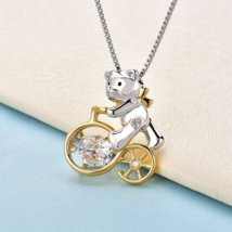 Two-tone 925 Silver Bear Ride Bicycle Created Dancing Stone Pendant Necklace 18&quot; - £124.82 GBP