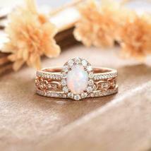 2.5CT Oval Cut Fire Opal &amp; Diamond Halo 14k Rose Gold Over Wedding Trio Ring Set - £84.44 GBP