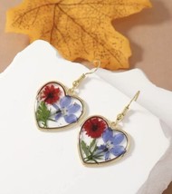 Heart Pressed Flowers Earrings Gold Blue Red Green Dangle Drop New - £12.59 GBP