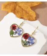 Heart Pressed Flowers Earrings Gold Blue Red Green Dangle Drop New - £12.38 GBP