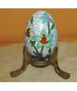 Cloisonné Egg 2.5+ Stand Cloisonne Floral White Enamel Brass China Vintage - $17.09