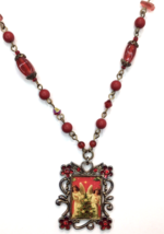 Vintage Holiday Christmas Necklace Angels and Christmas Tree Pendant Red Beads - £15.67 GBP