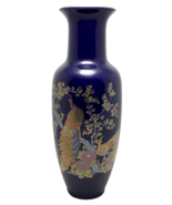 Vintage Cobalt Blue Peacock Vase Birds Flowers Gold Design and Trim 11” ... - $25.24