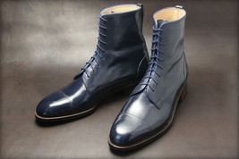 New Handmade Men Ankle High Blue Leather Lace Up Combat Boots - £120.26 GBP