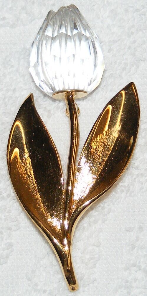 RETIRED SWAROVSKI SWAN SIGNED GOLD PLATED CLEAR CRYSTAL TULIP BROOCH PIN EUC - $59.99