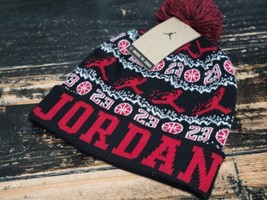 Jordan Jumpman Ugly Sweater Black/Red Pom Pom Beanie Hat FN4673-010 Adult OS - £28.88 GBP