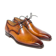Handmade Men&#39;s Leather Oxfords Wingtip Formal Tan Derby Brogue Dress Sho... - $218.49