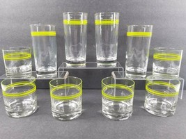 Clear Green Lines (4) Flat Tumblers (6) Old Fashioned Set Vintage Drink Glasses - £69.82 GBP