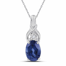 Sterling Silver Oval Lab-Created Blue Sapphire Solitaire Diamond Pendant 7/8 - £50.87 GBP