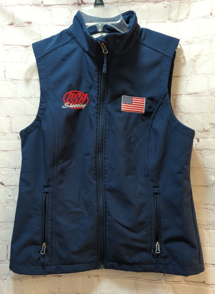 Port Authority Soft Shell Fleece lined Vest Men Large USA Shooting Flag Patches - $19.79