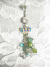 Nature Girl Pretty Butterfly &amp; Cluster Beaded Dangle 14G Clear Cz Belly Ring Bar - £3.92 GBP