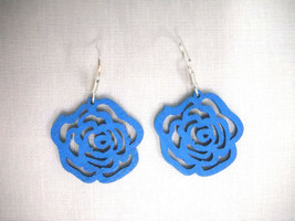 New Small Size Medium Blue Cut Out Open Rose Flower Wooden Charm Drop Earrings - £3.18 GBP