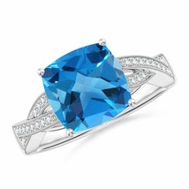 ANGARA Solitaire Cushion Swiss Blue Topaz Criss Cross Ring with Diamonds - £735.36 GBP