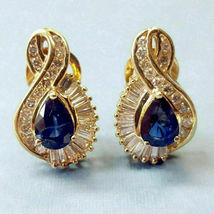 Vintage 3Ct Blue Sapphire Diamond Omega Back Hoop Earrings 14K Yellow Gold Over - £81.59 GBP