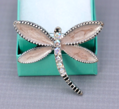 Dragonfly brooch in enamel on metal soft Peach Pink with Aurora Rhinestones - £13.31 GBP