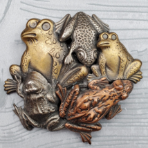 Mixed Metal 5 Frog Amphibian Brooch Pin VTG Animal Brass copper - $27.09 CAD