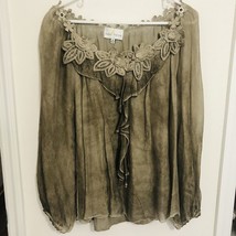 NWOT Belle France Brown Feminine Crocheted Floral Lace Silk Top Blouse Size M - £21.96 GBP