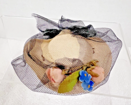 Vintage Handmade Miniature Doll Toy Straw Hat Pink Blue Flowers Black Veil - $9.90