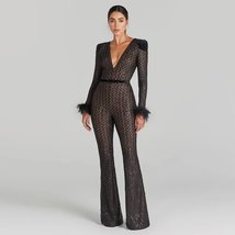 Elegant Black Feather Sequin VNeck Party Jumpsuit - $143.99