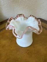 Vintage Fenton Art Glass Pink Rose Crest Top Hat Shaped Vase Ruffled Bowl - £25.59 GBP