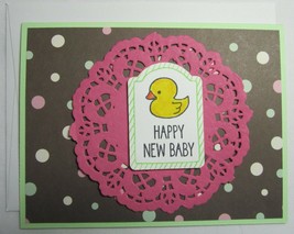 Stampin up! Handmade card Happy New Baby Duck Green Pink Brown Girl w/ envelope - £4.89 GBP