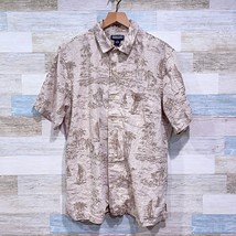 Lands End Vintage 90s Linen Tropical Island Print Shirt Beige Hawaii Mens Medium - £31.15 GBP