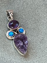 Oval Purple two Blue Opals &amp; Amethyst Druzy in 925 Silver Frame Pendant – marked - £18.84 GBP