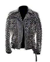 Mens Silver Studded Leather JACKET Biker Long Spike Brando Party Belted ZIpper - £236.06 GBP