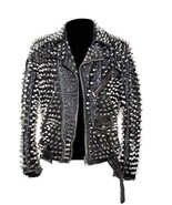 Mens Silver Studded Leather JACKET Biker Long Spike Brando Party Belted ... - £241.27 GBP