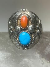 Turquoise ring size 12.75 Navajo coral southwest sterling silver women men - £124.64 GBP