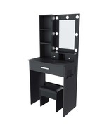 Black Vanity Table LED Mirror, Power, Stool – Compact Small Bedroom Desk - $2,476.27 MXN