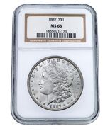 1887 Silver Morgan Dollar Graded by NGC as MS-63 - $148.49