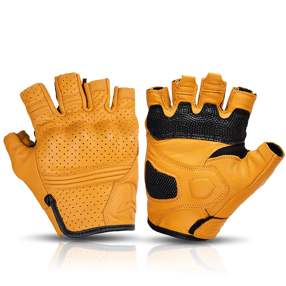Summer Yellow Motorcycle Gloves Fingerless Leather Moto Glove Half Finger Retro - £23.98 GBP+