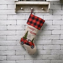 Burlap Merry Christmas Stocking with Pick Up Truck Tree Design Plaid - £12.73 GBP