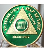 34 Year AA Medallion Green Gold Plated Alcoholics Anonymous Sobriety Chi... - €17,50 EUR