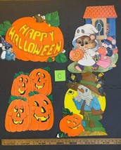 Halloween Die Cut VTG Flocked Double Sided Pumpkin Scarecrow Ghost Lot - £38.65 GBP