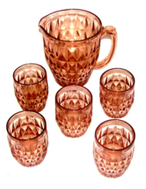 VTG Jeanette Glass Co., Cube Pink Pitcher with 5 - 8oz Tumbler Glasses - £50.63 GBP
