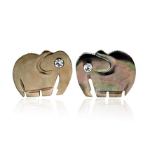 Cute Little Elephants Hand Carved Brownlip Shell and Crystal Stud Earrings - £7.07 GBP
