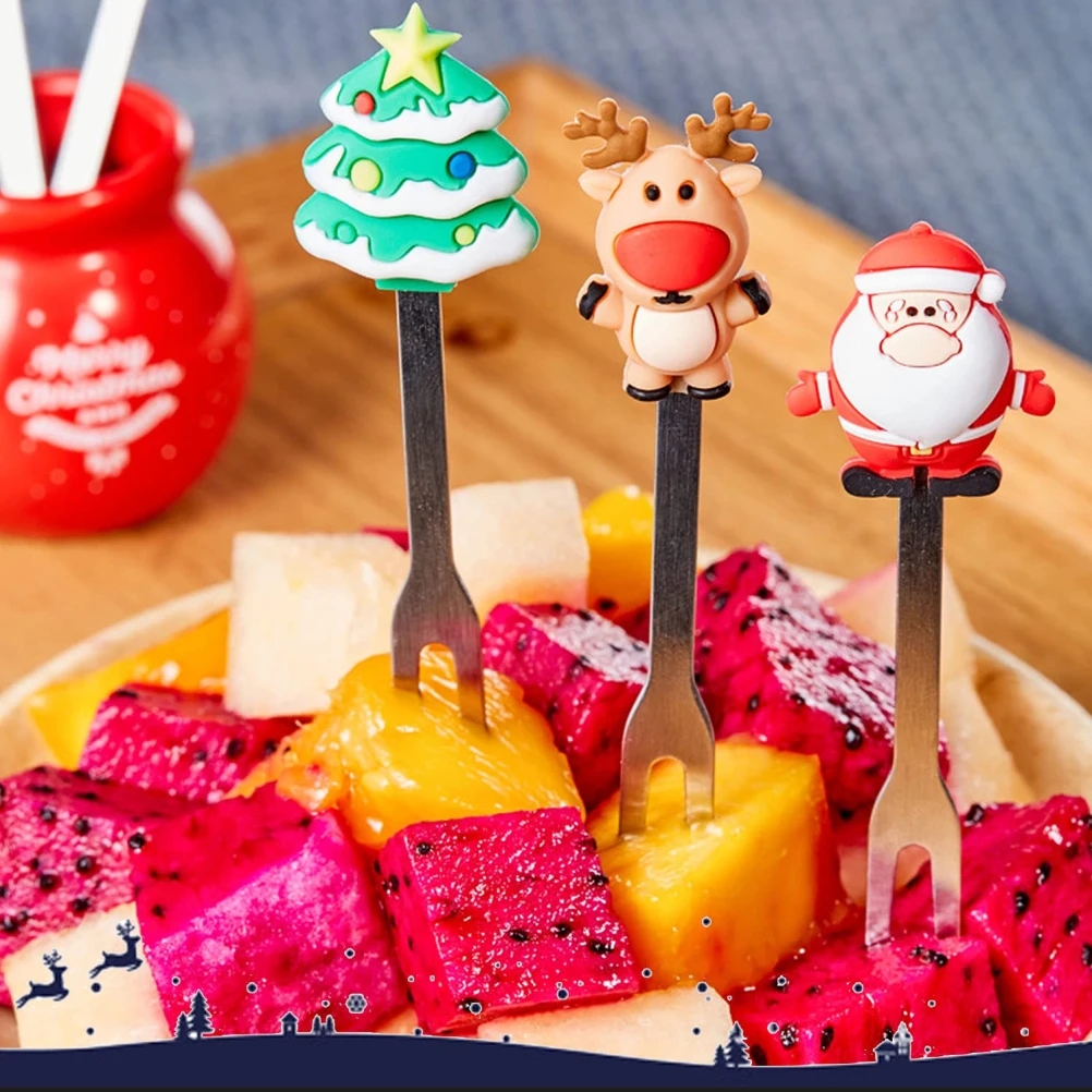 Play 5pcs/Set Cute Christmas Tree Stainless Steel Dessert Fruit Forks With Holde - £23.25 GBP